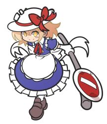 Rule 34 | 1girl, apron, back bow, blonde hair, blue dress, blush, bow, brown footwear, closed mouth, dress, elbow gloves, frilled apron, frilled dress, frills, full body, gloves, hand on headwear, hat, hat bow, hat ribbon, kana anaberal, loafers, neck ribbon, no entry sign, parody, puffy short sleeves, puffy sleeves, puyopuyo, red bow, ribbon, road sign, shinmon akika, shoes, short sleeves, sign, simple background, smile, socks, solo, style parody, sun hat, touhou, touhou (pc-98), waist apron, white background, white bow, white gloves, white hat, white socks, yellow eyes