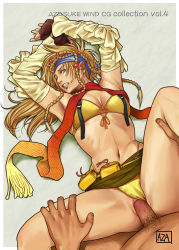 Rule 34 | 00s, 1boy, 1girl, armpits, arms up, artist name, azasuke, bikini, blonde hair, breasts, clothed sex, final fantasy, final fantasy x, final fantasy x-2, green eyes, hetero, highres, long hair, penis, pov, pubic hair, pussy, rikku (ff10), sex, swimsuit, text focus, third-party edit, uncensored, vaginal