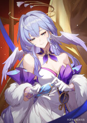 Rule 34 | 1girl, absurdres, bare shoulders, bird, blue hair, breasts, chinese commentary, chinese text, cleavage, closed mouth, detached sleeves, dress, earrings, gloves, green eyes, hair intakes, halo, head wings, highres, holding, honkai: star rail, honkai (series), jewelry, jiangyou jia yan, long hair, medium breasts, robin (bird), robin (honkai: star rail), smile, solo, strapless, strapless dress, upper body, watermark, white dress, white gloves, wings