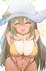 Rule 34 | 1girl, ^ ^, ^o^, absurdres, bikini, blue archive, blush, breasts, cleavage, closed eyes, halo, hat, highres, horn/wood, large breasts, long hair, navel, nonomi (blue archive), nonomi (swimsuit) (blue archive), notice lines, own hands together, side-tie bikini bottom, simple background, smile, solo, straight hair, sun hat, swimsuit, very long hair, white background, white hat, yellow bikini