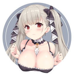 Rule 34 | 1girl, azur lane, bare shoulders, between breasts, black dress, black nails, blush, breasts, cleavage, dress, earrings, formidable (azur lane), frilled dress, frills, grey hair, jewelry, large breasts, long hair, looking at viewer, nail polish, red eyes, ribbon, solo, twintails, two-tone dress, two-tone ribbon, very long hair, yamasan