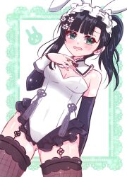 Rule 34 | 1girl, animal ears, anjou seira, arm behind back, assault lily, bare shoulders, black hair, blunt bangs, blush, border, breasts, brown thighhighs, cameltoe, cleavage, commentary, cowboy shot, detached sleeves, fake animal ears, fishnets, flower, flower knot, frilled hairband, frilled leotard, frills, garter straps, gluteal fold, green eyes, hair bun, hair flower, hair ornament, hairband, hand up, high ponytail, highres, inset border, jewelry, lace, lace border, leotard, light particles, long hair, long sleeves, looking at viewer, medium breasts, official alternate costume, official alternate hairstyle, open mouth, ornate border, outside border, playboy bunny, rabbit ears, ring, side ponytail, single side bun, solo, strapless, strapless leotard, tassel, thighhighs, wang yujia, wavy mouth, white background, white flower, white hairband, white leotard, wrist cuffs