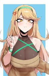 Rule 34 | 1girl, anger vein, bare shoulders, blonde hair, blue background, border, bracelet, breasts, brown sweater, cleavage, clenched hand, closed mouth, headband, j.k., jewelry, large breasts, long hair, looking at viewer, mythra (xenoblade), pout, see-through, solo, sweater, two-tone background, white border, xenoblade chronicles (series), xenoblade chronicles 2, yellow eyes