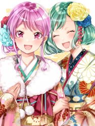 Rule 34 | 2girls, :d, ^ ^, alternate hairstyle, aqua hair, bad id, bad pixiv id, bang dream!, blue flower, blush, closed eyes, commentary request, floral print, flower, fur-trimmed kimono, fur trim, hair bun, hair flower, hair ornament, hand on own chest, hikawa hina, holding own arm, ito22oji, japanese clothes, kimono, looking at viewer, maruyama aya, multiple girls, new year, obi, open mouth, pink eyes, pink hair, pink kimono, pom pom (clothes), red flower, sash, short hair, sidelocks, single hair bun, smile, tassel, upper body, yellow flower