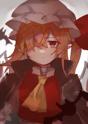 Rule 34 | 1girl, absurdres, ascot, blonde hair, flandre scarlet, hair over one eye, hat, hat ribbon, highres, mob cap, pointy ears, red eyes, red ribbon, ribbon, rokka (rokka937), simple background, solo, touhou, upper body, white background, yellow ascot