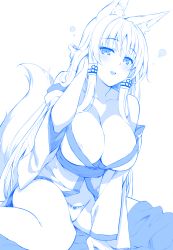 Rule 34 | 1girl, animal ears, blue theme, breasts, collarbone, commentary request, fox ears, fox girl, fox tail, hair tubes, highres, japanese clothes, large breasts, long hair, looking at viewer, monochrome, open mouth, original, panties, simple background, smile, solo, tail, underwear, white background, yuzu modoki