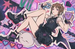 Rule 34 | 3girls, ^ ^, anklet, arrow (symbol), asahi rokka, bang dream!, bare legs, bat wings, black-framed eyewear, black dress, black footwear, black wrist cuffs, brown hair, check commentary, closed eyes, commentary request, cone horns, dress, drop shadow, fang, full body, furukawa wanosuke, hair ornament, hairclip, heart, heart necklace, highres, holding, holding head, horns, jewelry, looking at viewer, multiple girls, necklace, open mouth, pixelated, ponytail, purple eyes, shirt, short dress, short hair, short sleeves, sidelocks, signal bar, skin fang, small sweatdrop, solo focus, sparkle, star (symbol), starry background, stuffed animal, stuffed rabbit, stuffed toy, toyama asuka, triangle mouth, twintails, udagawa ako, v, v-shaped eyebrows, white shirt, wings, wrist cuffs, x hair ornament