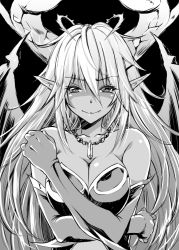 Rule 34 | 1girl, bare shoulders, breasts, cleavage, demon wings, elbow gloves, gloves, greyscale, hera-is (p&amp;d), hera (p&amp;d), horns, jewelry, large breasts, long hair, monochrome, multicolored hair, mushi024, necklace, pointy ears, puzzle &amp; dragons, solo, wings