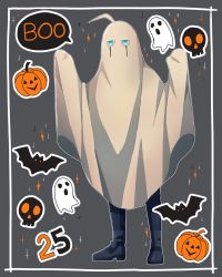 Rule 34 | 1boy, ahoge, alternate costume, android, animal, cat, cheer (cheerpuppy14), commentary, danganronpa (series), danganronpa v3: killing harmony, english commentary, ghost, ghost costume, grey background, grey eyes, halloween, hands up, highres, jack-o&#039;-lantern, k1-b0, looking at viewer, no humans, pumpkin, solo, sparkle, speech bubble