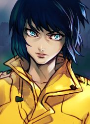 Rule 34 | 1girl, absurdres, blue background, blue eyes, blue hair, commentary request, ghost in the shell, highres, hungry clicker, jacket, kusanagi motoko, looking at viewer, parted lips, pink lips, short hair, solo, upper body, wide-eyed, yellow jacket