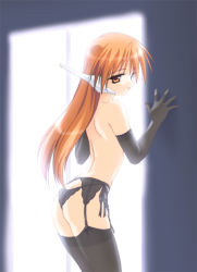 Rule 34 | 1girl, against wall, ass, back, black gloves, black panties, black thighhighs, cowboy shot, elbow gloves, expressionless, female focus, from side, garter belt, gloves, legs together, lingerie, long hair, looking at viewer, norizou type-r, panties, red hair, serio (to heart), side-tie panties, solo, standing, tareme, thighhighs, to heart, to heart (series), topless, underwear, yellow eyes