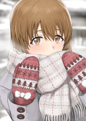 Rule 34 | 1girl, blurry, blurry background, blush, breath, brown hair, coat, commentary, covering own mouth, enpera, grey coat, hagiwara yukiho, hair between eyes, highres, idolmaster, idolmaster (classic), idolmaster million live!, long sleeves, looking at viewer, mittens, plaid, plaid scarf, scarf, solo, tsurui, winter clothes