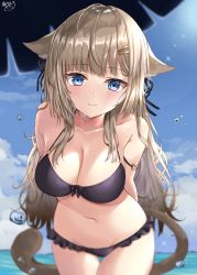 Rule 34 | 1girl, akino ell, animal ear fluff, animal ears, arms behind back, bare shoulders, bikini, black bikini, blue eyes, blurry, breasts, brown hair, cat ears, cat girl, cat tail, cleavage, closed mouth, cloud, collarbone, cowboy shot, day, depth of field, floppy ears, frilled bikini, frills, front-tie bikini top, front-tie top, groin, hair ornament, hair ribbon, hairclip, halterneck, halterneck, highres, large breasts, leaning forward, long hair, looking at viewer, navel, original, outdoors, ribbon, sky, smile, solo, standing, stomach, swimsuit, tail, thigh gap, thighs, very long hair, wet