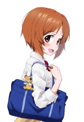 Rule 34 | 1girl, alternate costume, bag, boko (girls und panzer), bow, bowtie, brown eyes, brown hair, carrying, commentary, dress shirt, from side, girls und panzer, kayabakoro, looking at viewer, nishizumi miho, open mouth, red bow, red bowtie, redrawn, school bag, school uniform, shirt, short hair, simple background, smile, solo, upper body, white background, white shirt