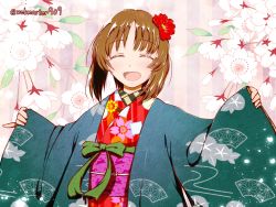 Rule 34 | 1girl, bad id, bad twitter id, blue jacket, brown hair, closed eyes, commentary, facing viewer, floral background, floral print, flower, girls und panzer, hair flower, hair ornament, haori, highres, jacket, japanese clothes, katsuragi (webmaster909), kimono, long sleeves, nishizumi miho, obi, open mouth, outstretched arms, print kimono, red flower, red kimono, sash, short hair, smile, solo, spread arms, standing, striped, striped background, twitter username, vertical stripes, wide sleeves