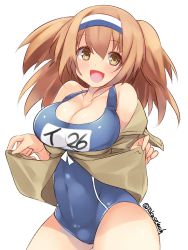Rule 34 | 1girl, :d, breasts, brown eyes, clothes lift, clothes writing, collarbone, commentary request, covered navel, hairband, highres, i-26 (kancolle), jacket, jacket lift, kantai collection, large breasts, light brown hair, long hair, name tag, new school swimsuit, one-hour drawing challenge, one-piece swimsuit, open clothes, open mouth, sailor collar, school swimsuit, short sleeves, smile, swimsuit, swimsuit under clothes, takase muh, twitter username, two-tone hairband, two side up, white background