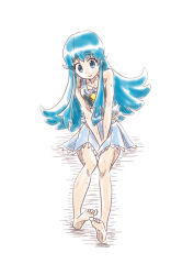 Rule 34 | 1girl, adapted costume, barefoot, between legs, blue eyes, blue hair, blue shirt, blue skirt, brooch, closed mouth, cosplay, cure princess, cure princess (cosplay), floating hair, full body, hand between legs, happinesscharge precure!, heart, heart brooch, long hair, miniskirt, nita (onakatohoppe), pleated skirt, precure, shirayuki hime, shirt, simple background, sitting, sketch, skirt, sleeveless, sleeveless shirt, smile, soles, solo, very long hair, white background