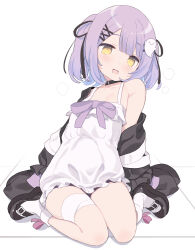 Rule 34 | 1girl, :d, black choker, black footwear, black jacket, black ribbon, blade (galaxist), blush, bow, choker, collarbone, commentary request, dress, frilled dress, frills, full body, ghost hair ornament, hair ornament, hair ribbon, hairclip, highres, jacket, long sleeves, looking at viewer, off shoulder, open clothes, open jacket, open mouth, purple bow, purple hair, ribbon, shinomiya runa, shoes, simple background, sitting, sleeveless, sleeveless dress, sleeves past fingers, sleeves past wrists, smile, socks, solo, two side up, virtual youtuber, vspo!, wariza, white background, white dress, white socks, x hair ornament, yellow eyes