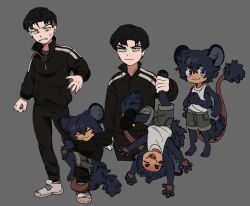 Rule 34 | 2boys, :3, animal ears, animal feet, animal hands, black eyes, black hair, black hoodie, black jacket, black pants, blue eyes, carrying, carrying person, child, closed eyes, closed mouth, commentary, deviidog0, english commentary, extra arms, full body, fur-tipped tail, grey background, grey shorts, hand up, highres, holding another&#039;s leg, hood, hood down, hoodie, hug, hugging another&#039;s leg, jacket, long sleeves, looking at another, male focus, monster boy, multiple boys, multiple views, original, pants, red pupils, short eyebrows, short hair, shorts, simple background, standing, tail, tail wrap, tank top, undercut, very short hair