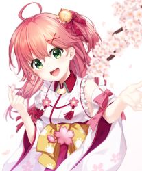 Rule 34 | 1girl, :d, ahoge, bell, cherry blossoms, floral print, green eyes, hair bell, hair ornament, highres, hololive, japanese clothes, kimono, long hair, looking at viewer, open mouth, red hair, sakura miko, sakura miko (1st costume), simple background, smile, solo, takashina taaa, teeth, upper teeth only, virtual youtuber, white background, white kimono, wide sleeves, x hair ornament