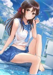 Rule 34 | 1girl, barefoot, blue dress, blue necktie, blue sailor collar, blue sky, blush, braid, brown eyes, brown hair, closed mouth, cloud, dress, dutch angle, fence, hair ribbon, hand up, highres, knee up, long hair, looking at viewer, midriff, navel, necktie, niwata0, original, outdoors, pleated dress, pool, red ribbon, ribbon, sailor collar, school uniform, serafuku, shirt, short sleeves, sitting, sky, smile, solo, water, wet, wet clothes, white shirt