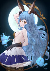 Rule 34 | 1girl, arm up, backless dress, backless outfit, bare shoulders, black gloves, blue hair, blush, breasts, brown eyes, brown thighhighs, closed mouth, commentary request, cowboy shot, dress, elbow gloves, erune, ferry (granblue fantasy), frilled dress, frilled gloves, frills, full moon, gloves, granblue fantasy, hair between eyes, highres, holding, holding whip, looking at viewer, looking to the side, moon, pleated dress, sideboob, small breasts, smile, solo, thighhighs, uneg, wavy hair, whip, white dress