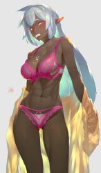 Rule 34 | 1girl, abs, aqua hair, backlighting, bare arms, bare legs, bare shoulders, blouse, bra, breasts, candy, chocolate, chocolate heart, chocolate on body, chocolate on breasts, collarbone, dark-skinned female, dark elf, dark skin, dripping, elf, food, food in mouth, food on body, gluteal fold, grey background, grey hair, half-closed eyes, heart, highres, kawarage, large breasts, long hair, looking at viewer, melting, mouth hold, multicolored hair, navel, open clothes, open shirt, original, panties, pink bra, pink eyes, pink panties, pointy ears, see-through, shirt, sideboob, simple background, solo, stomach, strap gap, toned, underwear, undressing, very long hair, white chocolate, yellow shirt