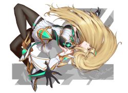 Rule 34 | 1girl, artist request, black pantyhose, blonde hair, breasts, chest jewel, dress, earrings, elbow gloves, gem, gloves, headpiece, highres, jewelry, large breasts, long hair, muddy kippers, mythra (massive melee) (xenoblade), mythra (xenoblade), nintendo, pantyhose, short dress, simple background, solo, super smash bros., swept bangs, tiara, very long hair, white dress, white gloves, xenoblade chronicles (series), xenoblade chronicles 2, yellow eyes