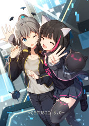 Rule 34 | 2girls, :3, :d, ;d, ^ ^, animal ear legwear, animal ears, anniversary, asakura neko, bison cangshu, black hair, black jacket, black pants, black shirt, blush, breasts, cat ear legwear, cat ears, closed eyes, collarbone, commentary request, copyright name, cowboy shot, cytus, cytus ii, fake animal ears, grey hair, grey jacket, grey legwear, grey shirt, grey skirt, hair between eyes, highres, jacket, long hair, long sleeves, looking at viewer, middle w, multicolored hair, multiple girls, neko (cytus ii), one eye closed, open clothes, open jacket, open mouth, paff, pants, pink hair, pleated skirt, ponytail, shirt, shoes, short hair, sidelocks, skirt, small breasts, smile, standing, standing on one leg, streaked hair, t-shirt, tagme, thighhighs, w, zettai ryouiki, |d