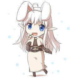 Rule 34 | 1girl, :d, acolyte (ragnarok online), ahoge, animal ears, blue eyes, brown gloves, brown pantyhose, brown shirt, capelet, chibi, commentary request, fake animal ears, flower, flower in mouth, full body, gloves, hairband, long hair, long sleeves, looking at viewer, natsuya (kuttuki), open mouth, pantyhose, pointy ears, ragnarok online, shiny skin, shirt, shoes, simple background, skirt, smile, solo, standing, standing on one leg, white background, white capelet, white flower, white hair, white hairband, white skirt