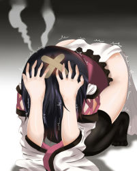 Rule 34 | 1girl, absurdres, all fours, alternate costume, artist request, bandaid, black hair, highres, holding, holding head, long hair, shameimaru aya, shiny skin, solo, thighhighs, touhou