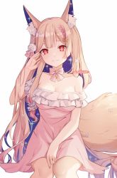 Rule 34 | 1girl, animal ear fluff, animal ears, bare shoulders, blonde hair, blush, bow, bowtie, breasts, chariot.f, cleavage, closed mouth, collarbone, copyright request, dress, feet out of frame, fox ears, fox girl, fox tail, hand up, long hair, looking at viewer, medium breasts, multicolored hair, off-shoulder dress, off shoulder, pink bow, pink bowtie, pink dress, purple hair, red eyes, simple background, single sidelock, sitting, smile, solo, sparkle, star-shaped pupils, star (symbol), symbol-shaped pupils, tail, thick eyebrows, two-tone hair, very long hair, white background
