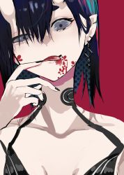Rule 34 | 1girl, :p, bad id, bad twitter id, bare shoulders, black nails, blood, blood on face, bob cut, collarbone, ear piercing, earrings, fate/grand order, fate (series), finger to mouth, grey eyes, highres, horns, jewelry, licking lips, looking at viewer, nail polish, oni, piercing, pointy ears, polka dot hair, portrait, purple hair, red background, san (harutuki 3), short eyebrows, short hair, shuten douji (fate), simple background, skin-covered horns, solo, tongue, tongue out