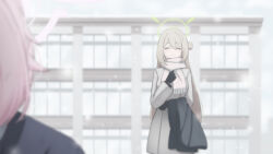 Rule 34 | 2girls, aged down, black coat, black gloves, blue archive, blurry, building, coat, unworn coat, commentary, depth of field, gloves, grey coat, grey hair, grey scarf, hair between eyes, hair bun, halo, holding, holding clothes, holding coat, hoshino (blue archive), junu (jwoo5627), long hair, long sleeves, looking at viewer, multiple girls, nonomi (blue archive), out of frame, outdoors, pink hair, scarf, school, sidelocks, single side bun, snowing, symbol-only commentary, winter clothes, winter coat