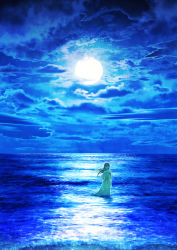 Rule 34 | 1girl, blue sky, blue theme, cloud, cloudy sky, commentary request, dress, floating hair, full moon, highres, horizon, kun52, long dress, long hair, moon, night, night sky, ocean, original, resolution mismatch, scenery, see-through silhouette, sky, solo, source smaller, standing, tsukimi, wading, waves