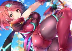 Rule 34 | 1girl, aegis sword (xenoblade), black gloves, bob cut, breasts, earrings, fingerless gloves, gloves, highres, jewelry, large breasts, nintendo, pantyhose, pantyhose under shorts, pyra (xenoblade), racket ti1, red eyes, red hair, red shorts, red thighhighs, short hair, short shorts, shorts, super smash bros., swept bangs, sword, thighhighs, tiara, weapon, xenoblade chronicles (series), xenoblade chronicles 2