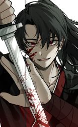 Rule 34 | 1boy, black hair, blood, blood on face, bloody weapon, chungmyung, gin (euneunun), highres, holding, holding sword, holding weapon, korean commentary, long hair, looking at viewer, male focus, open mouth, ponytail, portrait, red eyes, return of the mount hua sect, solo, sword, teeth, weapon, white background