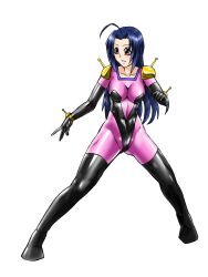 Rule 34 | artist request, blue hair, bodysuit, boots, cosplay, elbow gloves, full body, gloves, idolmaster, idolmaster (classic), latex, latex gloves, latex suit, long hair, miura azusa, rain mikamura, rain mikamura (cosplay), red eyes, shiny clothes, skin tight, smile, thigh boots, thighhighs, zipper