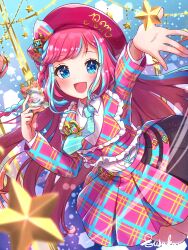 Rule 34 | 1girl, :d, arm up, beret, blue background, blue eyes, blue hair, blue necktie, blush, braid, card, collared shirt, commentary request, cropped jacket, hand up, hat, hibino matsuri, hibino matsuri (primagista), highres, holding, holding card, idol clothes, jacket, jumping, long hair, long sleeves, looking at viewer, moukinui, multicolored hair, necktie, open mouth, outstretched arm, pink hair, pink jacket, plaid, plaid jacket, plaid skirt, pleated skirt, pretty series, shirt, side braid, skirt, smile, solo, star (symbol), streaked hair, very long hair, waccha primagi!, white shirt