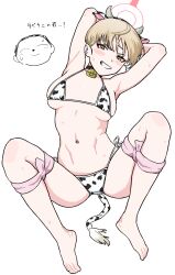 Rule 34 | 1boy, 1girl, alternate costume, animal ears, animal print, armpits, arms up, bikini, blonde hair, blue archive, breasts, cow ears, cow horns, cow print, cow print bikini, cow tail, doodle sensei (blue archive), fake animal ears, fake horns, fake tail, halo, highres, horns, lying, marina (blue archive), medium breasts, navel, on back, osame, presenting armpit, print bikini, sensei (blue archive), short hair, sideboob, simple background, smile, stomach, sweat, swimsuit, tail, teeth, underboob, white background, white bikini, yellow eyes