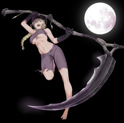 Rule 34 | 1girl, arizuka (catacombe), arm up, barefoot, black gloves, black shorts, blonde hair, bloodborne, blue eyes, braid, braided ponytail, breasts, burial blade, full moon, gloves, hat, highres, holding, holding scythe, holding weapon, hunter (bloodborne), leg up, long hair, looking down, midair, midriff, moon, navel, night, no shoes, open mouth, scythe, shorts, single braid, smile, solo, strapless, top hat, torn clothes, torn shorts, tube top, underboob, weapon