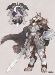 Rule 34 | 1boy, armor, buckler, cape, crescent moon, ds hand55, emblem, fantasy, furry, furry male, hand on own hip, highres, holding, holding sword, holding weapon, male focus, moon, original, shield, signature, simple background, solo, sword, weapon, wolf