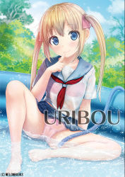 Rule 34 | 1girl, bare legs, barefoot, blue eyes, blue sailor collar, blue skirt, blue sky, blush, bra, bra visible through clothes, breasts, closed mouth, cloud, cloudy sky, commentary request, day, finger to mouth, hair between eyes, hair ribbon, hand up, hose, kisaragi miyu, light brown hair, long hair, looking at viewer, neckerchief, original, outdoors, panties, pink bra, pink panties, pink ribbon, pleated skirt, red neckerchief, ribbon, sailor collar, school uniform, see-through, serafuku, shirt, short hair, skirt, sky, small breasts, smile, solo, twintails, underwear, wading pool, water, wet, wet clothes, wet shirt, white shirt
