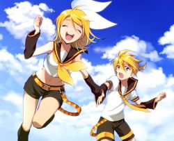 Rule 34 | 1boy, 1girl, :d, bad id, bad pixiv id, blonde hair, blue eyes, brother and sister, cloud, day, closed eyes, hair ornament, hair ribbon, hairclip, happy, hirococo, kagamine len, kagamine rin, midriff, navel, open mouth, ribbon, running, short hair, shorts, siblings, sky, smile, thighs, twins, vocaloid