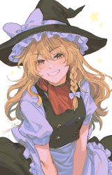 Rule 34 | 1girl, apron, artist name, black dress, black hat, blonde hair, bow, braid, breasts, buttons, closed mouth, commentary request, dress, eyes visible through hair, frills, hair between eyes, hair bow, hat, highres, kirisame marisa, long hair, looking at viewer, medium breasts, noriuma, puffy short sleeves, puffy sleeves, purple apron, purple bow, purple shirt, red scarf, scarf, shirt, short sleeves, simple background, single braid, smile, solo, star (symbol), teeth, touhou, white background, white bow, witch hat, yellow eyes
