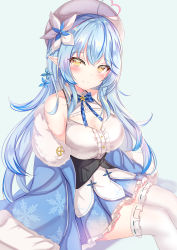Rule 34 | 1girl, ahoge, beret, blouse, blue hair, blue jacket, blue skirt, frilled skirt, frills, fur trim, half updo, hat, heart, heart ahoge, highres, hololive, jacket, long hair, looking at viewer, miniskirt, multicolored hair, off shoulder, open clothes, open jacket, pleated skirt, pointy ears, shirt, sitting, skirt, smile, solo, streaked hair, thighhighs, virtual youtuber, white shirt, white thighhighs, yellow eyes, yuano, yukihana lamy, zettai ryouiki