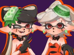 Rule 34 | + +, 2girls, :o, ;d, bare shoulders, black gloves, black hair, blush, bow-shaped hair, callie (splatoon), commentary request, cousins, detached collar, dress, earrings, eyelashes, facepaint, fangs, food, food on head, gloves, grey hair, hair ornament, halloween costume, hand up, highres, inkling, jewelry, lemo (lemo 4), long hair, looking at viewer, marie (splatoon), mole, mole under eye, multiple girls, nintendo, object on head, one eye closed, open mouth, orange dress, orange outline, outline, pointy ears, purple background, red eyes, round teeth, short eyebrows, short hair, simple background, smile, splatoon (series), splatoon 3, star-shaped pupils, star (symbol), stitches, strapless, strapless dress, sushi, swept bangs, symbol-shaped pupils, teeth, tentacle hair, thick eyebrows, tongue, upper body, wing collar