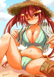 Rule 34 | 1girl, bikini, blush, breasts, cameltoe, hat, large breasts, long hair, looking at viewer, original, quro, quro (black river), red hair, smile, solo, straw hat, swimsuit, wink