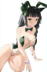 Rule 34 | 1girl, absurdres, animal ears, bare arms, bare shoulders, black hair, bow, bowtie, braid, breasts, cat ears, cleavage, commission, covered navel, detached collar, fake animal ears, fake tail, green eyes, grin, groin, hairband, highleg, highleg leotard, highres, large breasts, leotard, long hair, looking at viewer, meme attire, original, playboy bunny, rabbit ears, rabbit tail, see-through, see-through leotard, simple background, smile, solo, steeb, strapless, strapless leotard, tail, thighs, traditional bowtie, translucent bunnysuit, twin braids, twintails, white background, wrist cuffs