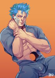 Rule 34 | 1boy, abs, absolum art, alternate costume, bara, bare pectorals, bleach, blue hair, bulge, grimmjow jaegerjaquez, hand on own neck, highres, male focus, muscular, muscular male, open clothes, overalls, pectorals, short hair, solo, spread legs, stomach